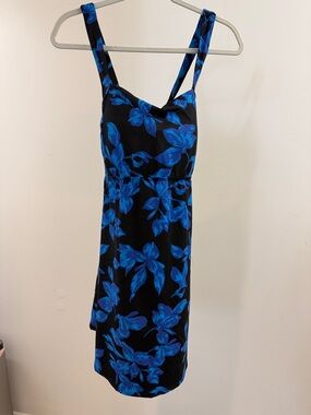 Land’s End Black One-Piece Swimsuit with Electric Blue Floral Print NWOT